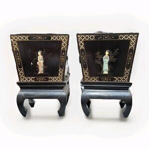 Pair Antique Chinese Export Black Lacquer Planters w Stands Inserts Chinoiserie